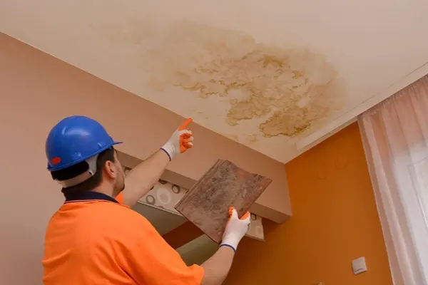 Inspector examining ceiling After Roof Leak water damage