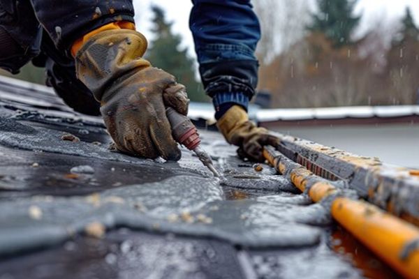 Worker repairing leaking roof leak surface